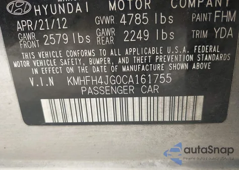 2012 Hyundai Azera from USA, damaged, VIN KMHFH4JG0CA161755